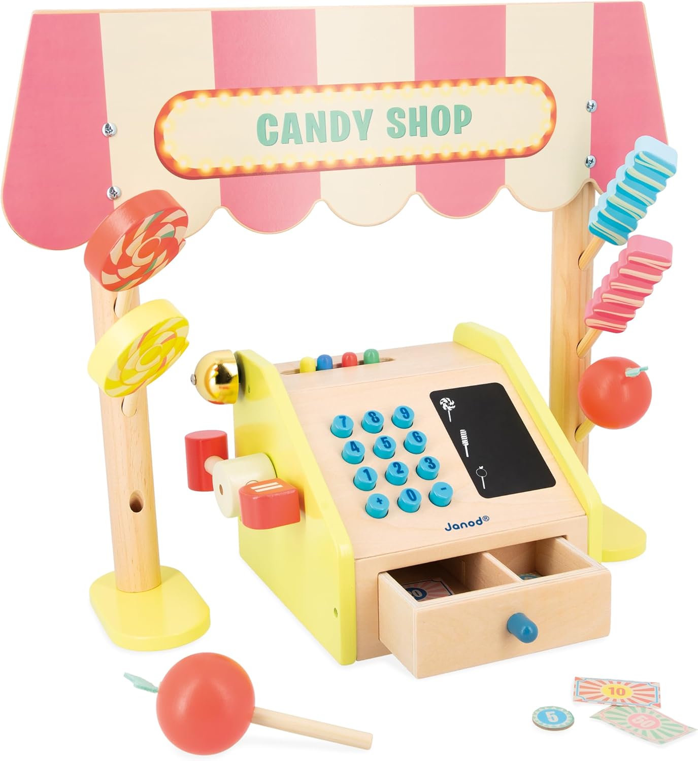 Janod - Barraca de mercado infantil Applepop Finja brincar de brinquedo com até - 19 acessórios - Aprimoramento da imaginação - Brinquedo de madeira FSC - Tinta à base de água - 3 anos +, J03350