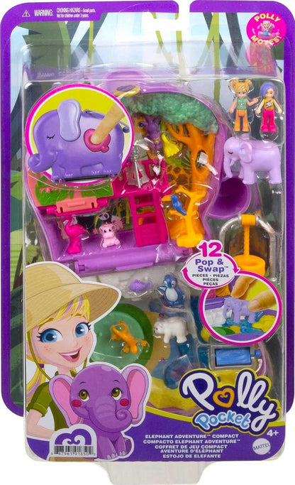 Polly Pocket Elephant Adventure Compact, tema animal com bonecas Micro Polly e Bella, 5 revelações e 12 acessórios relacionados, recurso pop e swap, ótimo presente para maiores de 4 anos, GTN22