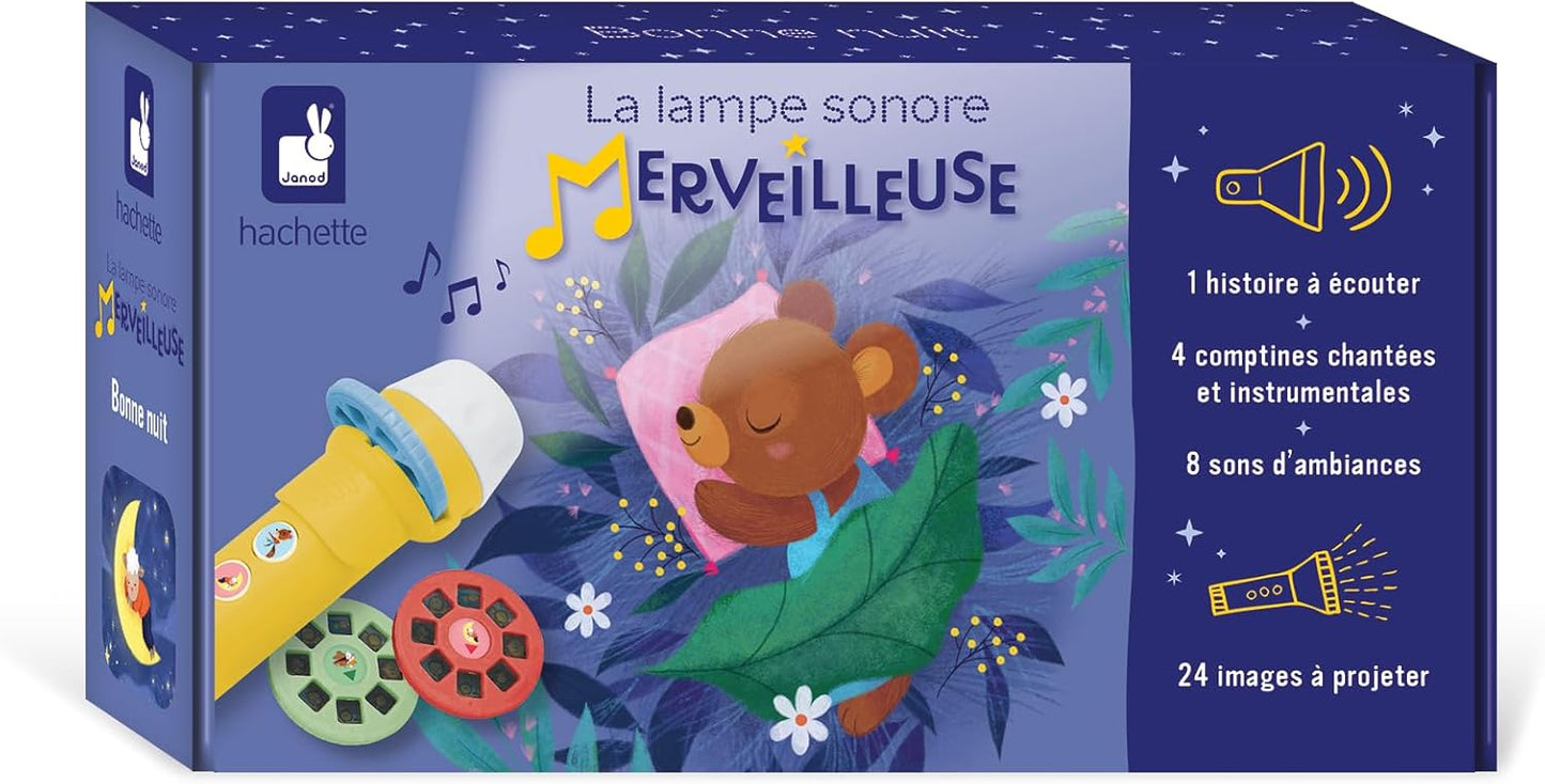 Janod - Maravillosa lámpara de sonido - Buenas noches - Cuentacuentos infantil - Lámpara infantil disponible en 4 universos - Caja de cuentos evolutiva para niños - Actividad para niños a partir de 3 años