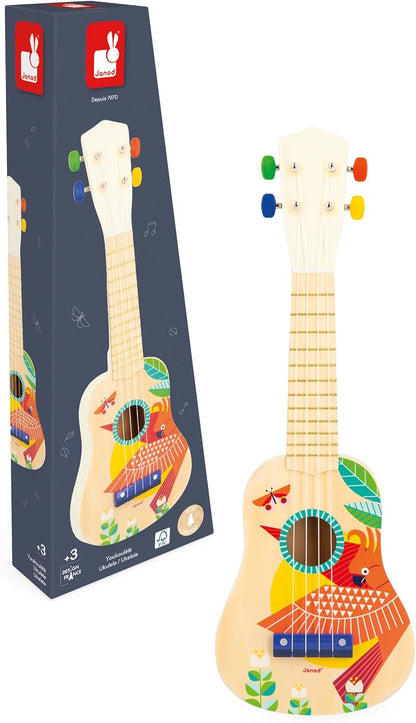 Janod - Ukulele de madeira Gioia - Instrumento musical infantil - Brinquedo de despertar musical - Tinta à base de água - 3 anos +,