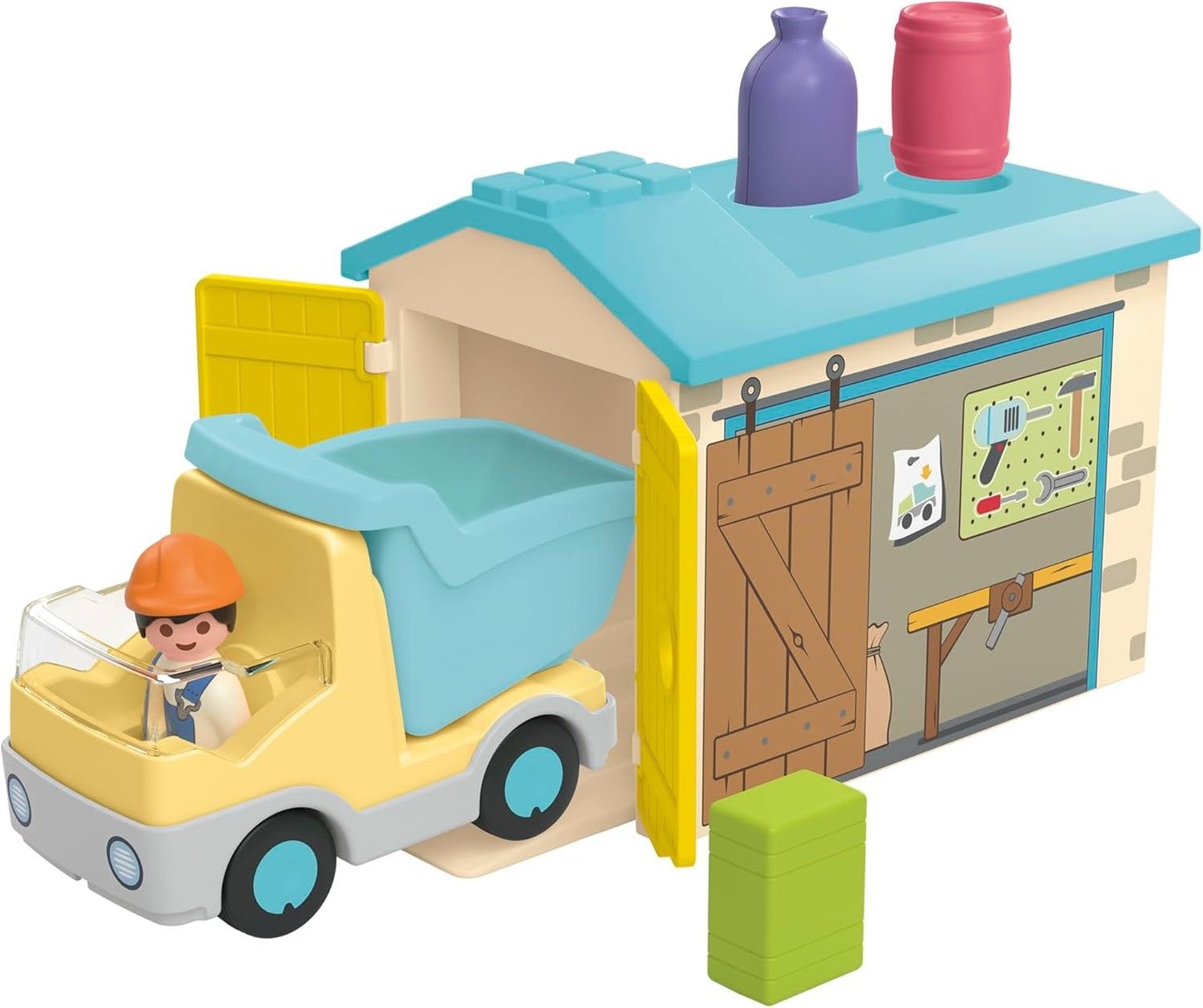 Playmobil 71686 JUNIOR: Caminhão com garagem de classificação, brinquedo educativo, feito com mais de 90% de plástico à base de plantas, dramatização divertida e imaginativa, conjunto de brinquedos adequado para crianças de 1 ano ou mais