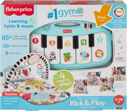 Fisher-Price Glow and Grow Kick & Play Piano Gym, brinquedo musical portátil com estágios inteligentes de aprendizagem, idades de 0+ meses, azul, versão em inglês Queens, HYH62