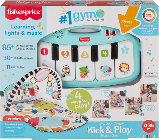 Fisher-Price Glow and Grow Kick & Play Piano Gym, brinquedo musical portátil com estágios inteligentes de aprendizagem, idades de 0+ meses, azul, versão em inglês Queens, HYH62