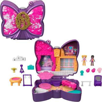 Polly Pocket Boneca e acessórios, compacto com bonecas Micro Polly e Friend, 5 revelações, arco de palco brilhante com tema de dança, HCG17