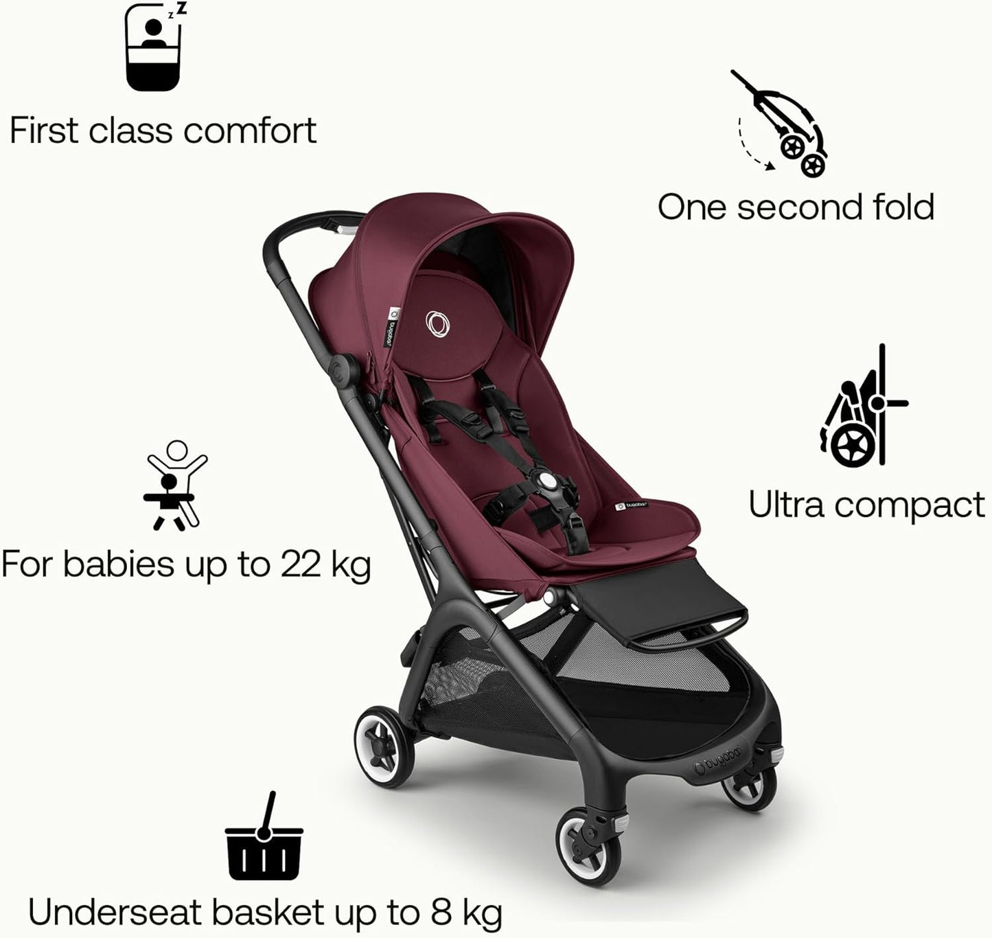 Bugaboo Carrinho de viagem ultracompacto Butterfly, pequeno e leve, fácil de dobrar em 1 segundo, ergonômico e extra espaçoso, carrinho de passeio urbano para bebês e crianças pequenas, direção confortável, preto/cereja escuro