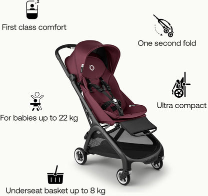 Bugaboo Carrinho de viagem ultracompacto Butterfly, pequeno e leve, fácil de dobrar em 1 segundo, ergonômico e extra espaçoso, carrinho de passeio urbano para bebês e crianças pequenas, direção confortável, preto/cereja escuro