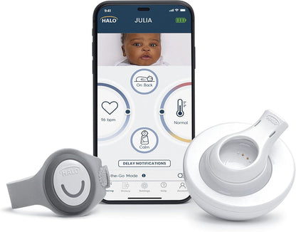 HALO SleepSure Smart Baby Monitor - Vista de frecuencia cardíaca en vivo, rollover, temperatura de la piel y notificaciones de movimiento con seguimiento sobre la marcha, datos históricos de sueño, configuraciones personalizables - Gris