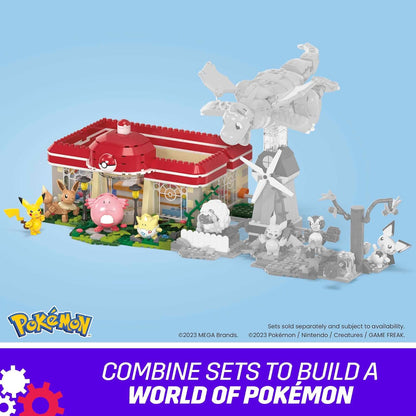 MEGA Pokémon Playset, Forest Pokémon Center inclui Pikachu, Chansey, Eevee e Togepi, brinquedos de construção para crianças e adultos, modelo de personagem colecionável com 648 peças