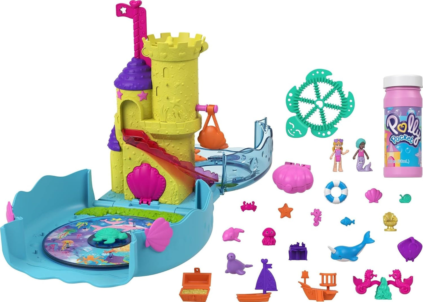 Polly Pocket Aquário Bubble com tema subaquático, 2 recursos para fazer bolhas, piscina, boneca Micro Polly e sereia, solução para bolhas e 18 acessórios, recurso pop e swap, presente para maiores de 4 anos