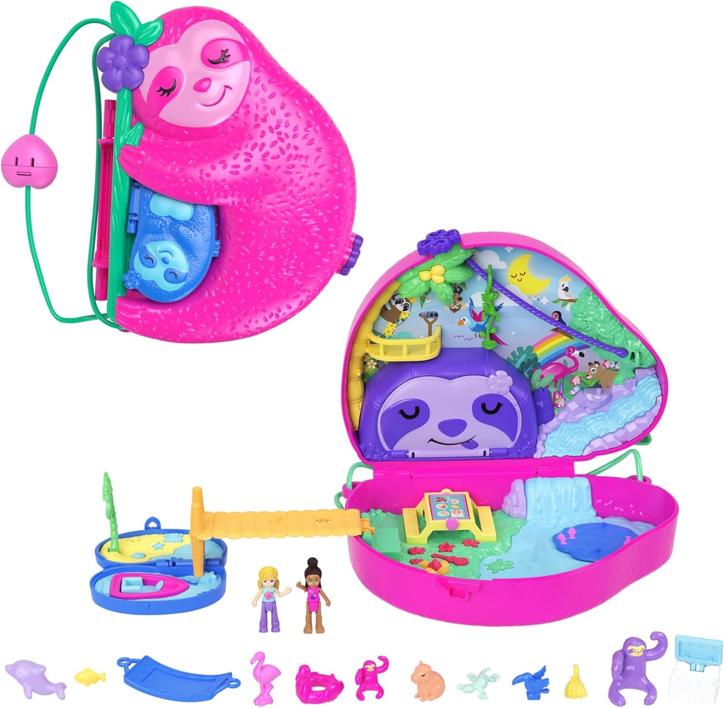 Polly Pocket Playset e brinquedo de viagem com 2 micro bonecas e 12 acessórios, brinquedo animal, bolsa compacta 2 em 1 preguiça