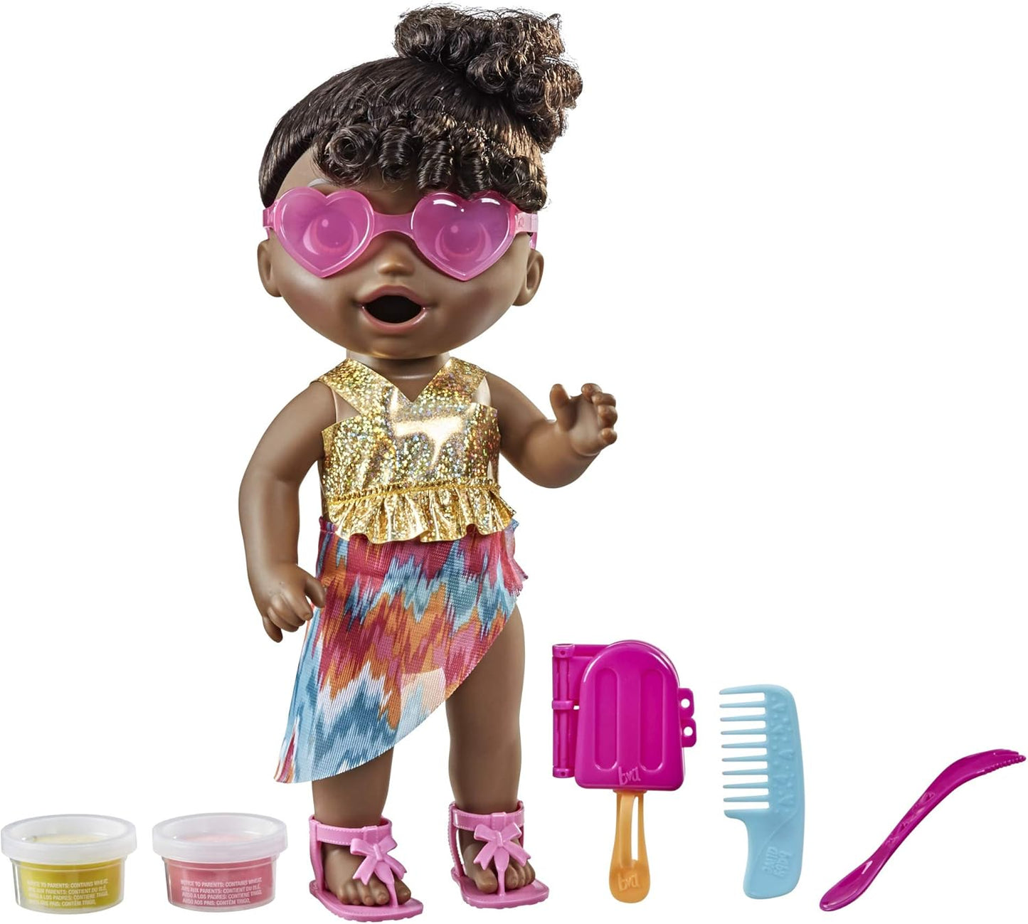 Baby Alive Boneca Sunshine Snacks, come e faz cocô, boneca aquática com tema de verão, molde para picolé, brinquedo para crianças de 3 anos ou mais, cabelo preto