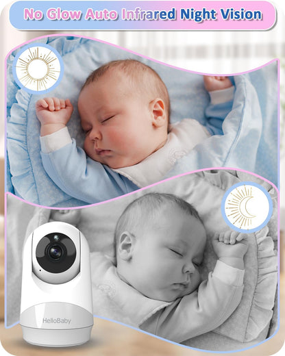 HelloBaby Monitor de bebê, bateria com duração de 29 horas, monitor de bebê com câmera e visão noturna, sem Wi-Fi, câmera remota Pan Tilt de 355 °/120 ° Zoom 2x, modo ECO, exibição de tempo, conversa bidirecional, até 1000 pés, temperatura