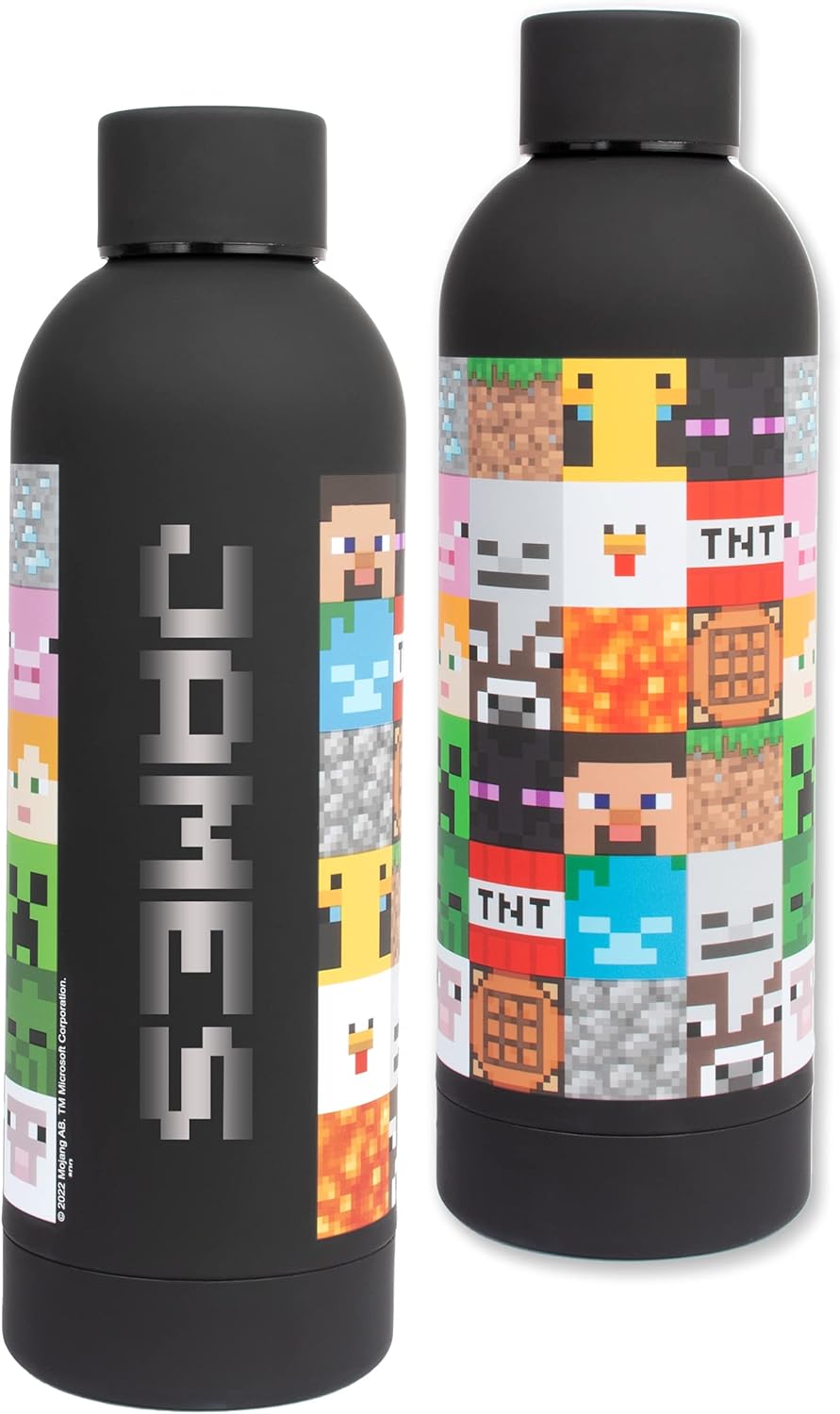 Minecraft - Garrafas de água personalizadas para crianças - Garrafa de água de aço inoxidável - Garrafa de água à prova de vazamentos - Garrafa de água sem BPA - 700ML - Preto