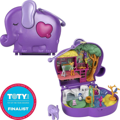 Polly Pocket Elephant Adventure Compact, tema animal com bonecas Micro Polly e Bella, 5 revelações e 12 acessórios relacionados, recurso pop e swap, ótimo presente para maiores de 4 anos, GTN22