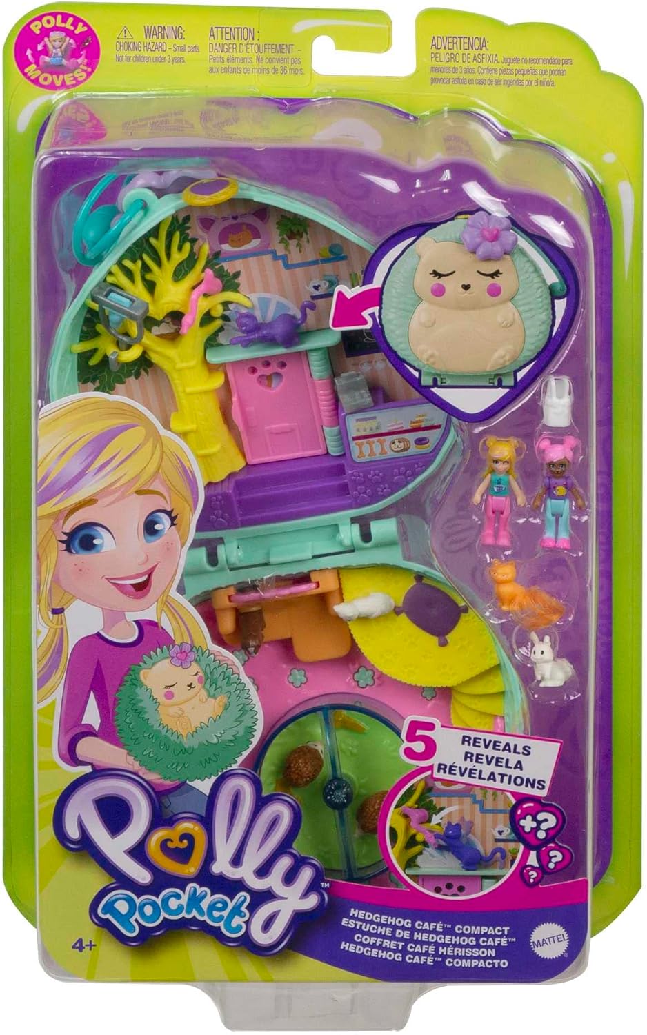 Polly Pocket Hedgehog Cafe Compact, tema café e animal de estimação, boneca Micro Polly e boneca amiga, 2 figuras de animais, recursos divertidos e revelações surpresa, ótimo presente para maiores de 4 anos, GTN15