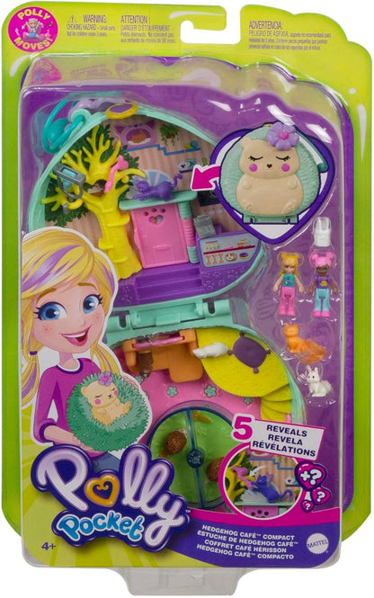 Polly Pocket Hedgehog Cafe Compact, tema café e animal de estimação, boneca Micro Polly e boneca amiga, 2 figuras de animais, recursos divertidos e revelações surpresa, ótimo presente para maiores de 4 anos, GTN15