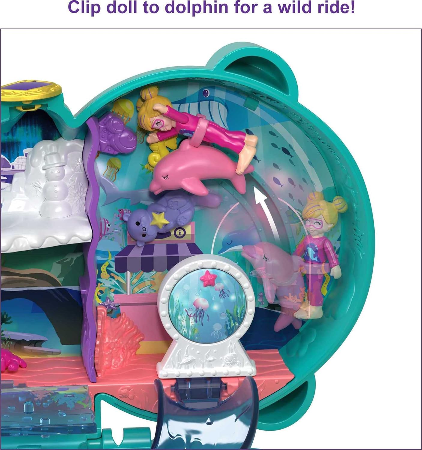 Polly Pocket Otter Aquarium Compact, Toy Surprises, 12 acessórios para brinquedos pop e swap, 2 bonecas Polly Pocket, brinquedos para maiores de 4 anos, um playset Polly Pocket, HCG16