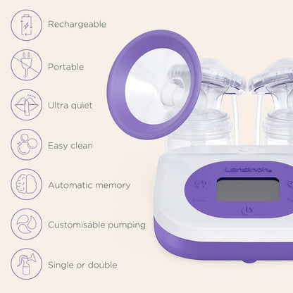 Lansinoh Bomba tira-leite elétrica dupla - Recarregável: 3 horas de bombeamento portátil - Grau hospitalar - 3 modos, 8 níveis de sucção, 2 fases - Memória automática, Silencioso - Inclui tampas de armazenamento de leite materno