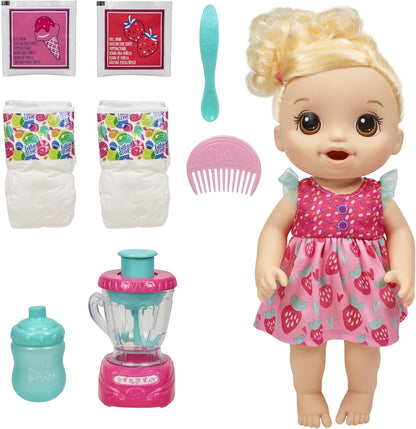 Baby Alive Magic Mixer Baby Doll Batido de fresa con accesorios para licuadora, bebidas, salsas, comidas, juguete para cabello rubio para niños a partir de 3 años