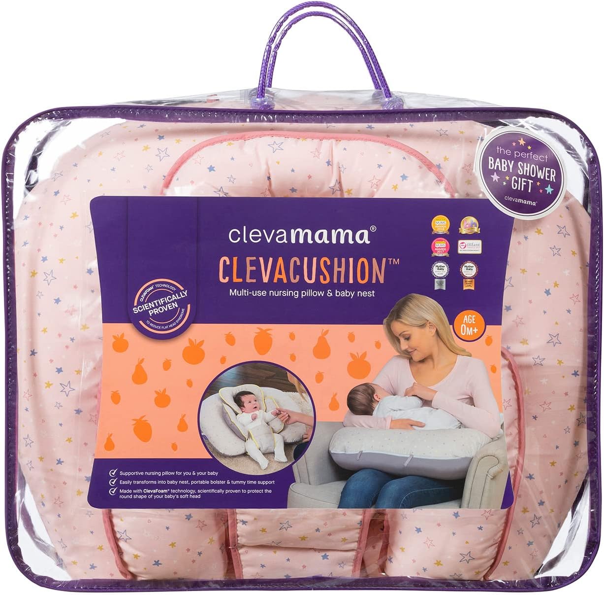 ClevaMama  Almofada de amamentação e ninho de bebê ClevaCushion, almofada para maternidade e bebê - Pink Stars