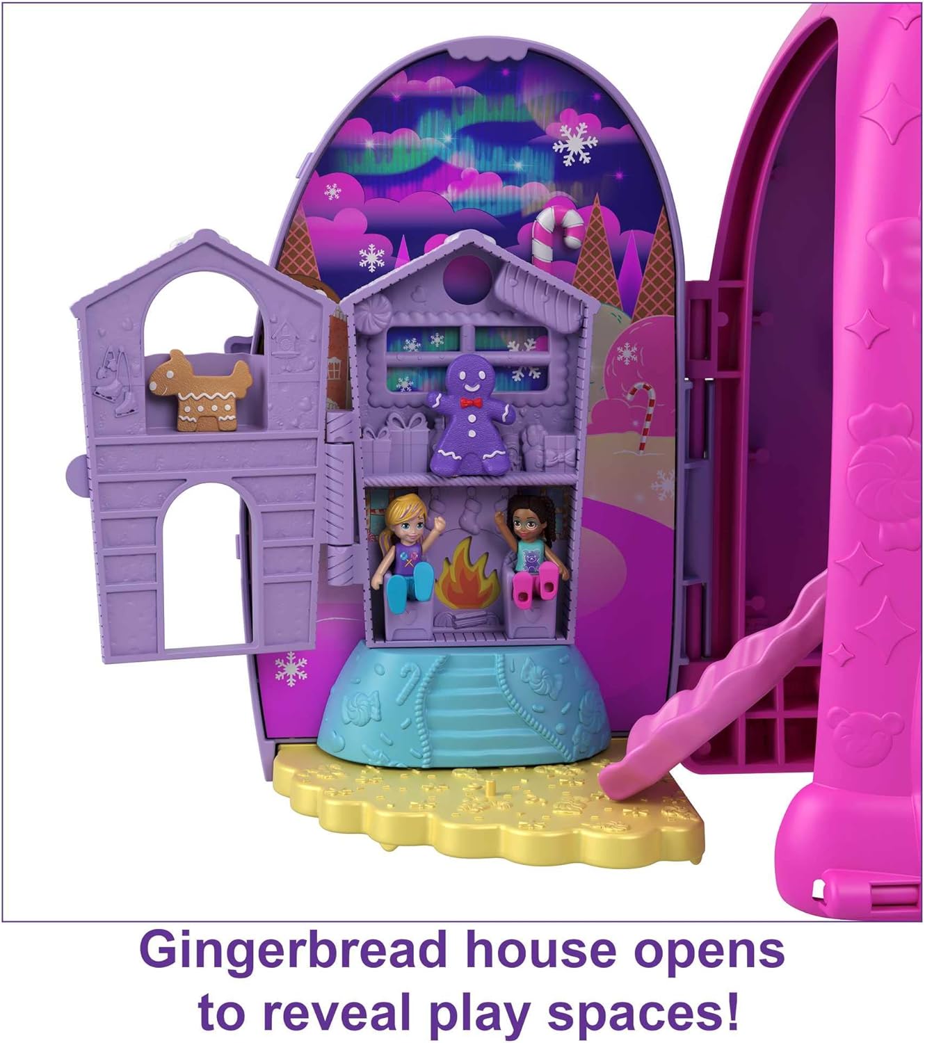 Polly Pocket Gumball Bear Playset, 4 espaços para brincar, 32 peças para brincar: 2 bonecas, chicletes não comestíveis e recurso de chicletes recarregáveis, 4 anos ou mais