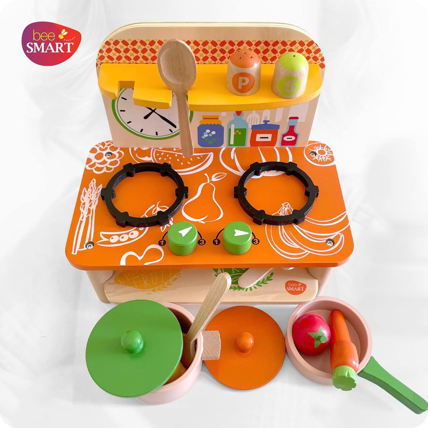 Bee Smart Wooden Kitchen Toy Set | Kids Pretend Playset With Pots, Pans, Food, Chopping Board & Utensils | Fruit & Vegetables Toy for Role Play & Imaginative Play