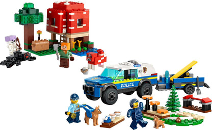 LEGO Animal Bundle: City Mobile Police Dog Training (60369) e Minecraft The Mushroom House (21179), com figuras de cachorro, cachorrinho e aranha, carro e casa de polícia de brinquedo, presente de Páscoa para crianças