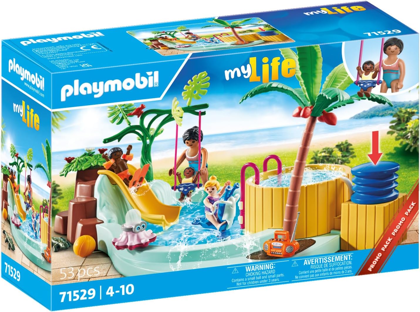 PLAYMOBIL Pacote promocional 71529 myLife: Piscina infantil com banheira de hidromassagem, diversão aquática na piscina infantil, incluindo escorregador de ondas, balanço de mola e balanço para bebês