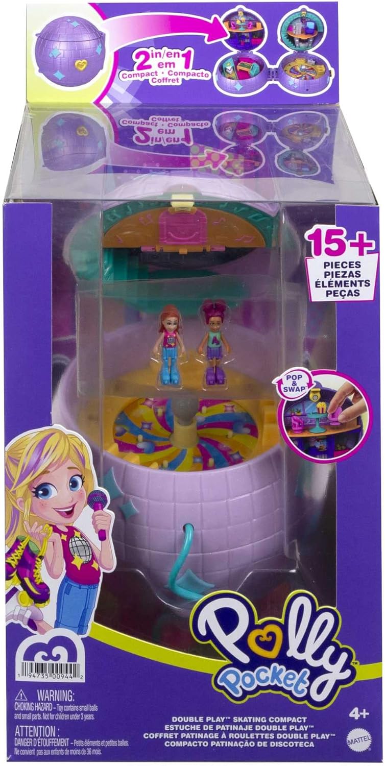 Polly Pocket Bonecas e acessórios, compacto com 2 micro bonecas, 15 peças de brinquedo e 1 peça fashion, patinação dupla, HCG24