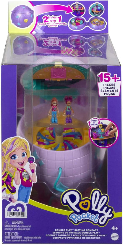 Polly Pocket Bonecas e acessórios, compacto com 2 micro bonecas, 15 peças de brinquedo e 1 peça fashion, patinação dupla, HCG24