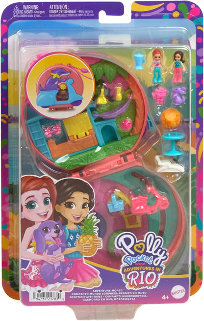 Polly Pocket Dolls e Playset, Adventure Moped Compact, brinquedo de viagem com 2 micro bonecas e acessórios para animais de estimação, animais e veículos