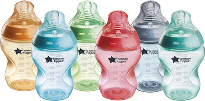 Tommee Tippee Mamadeira anticólica Natural Start, 260 ml, 0+ meses, válvula anticólica, tetina semelhante à mama de fluxo lento para uma trava natural, autoesterilizante, colorida, pacote com 6