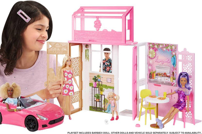 Juego de casa de muñecas Barbie con muñeca Barbie y casa con 2 niveles y 4 áreas de juego, completamente amueblada, con cachorro y accesorios, regalo para niños a partir de 3 años, HHY40