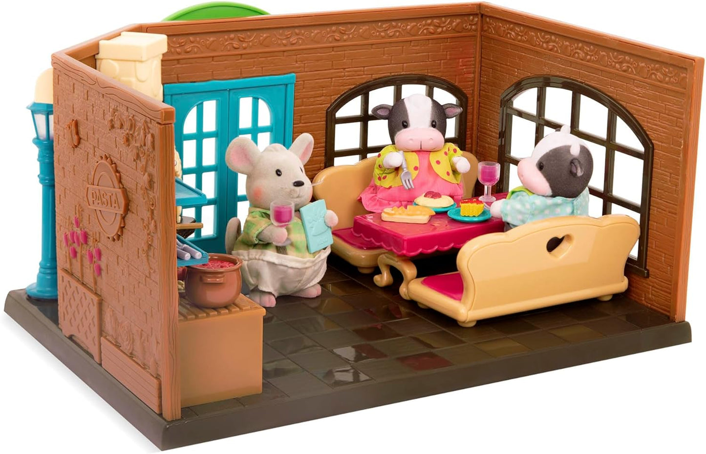 Li'l Woodzeez WZ6730Z Playset – Conjunto de restaurante Pass-The-Pasta com comida e móveis – Brinquedos e presentes para crianças a partir de 3 anos