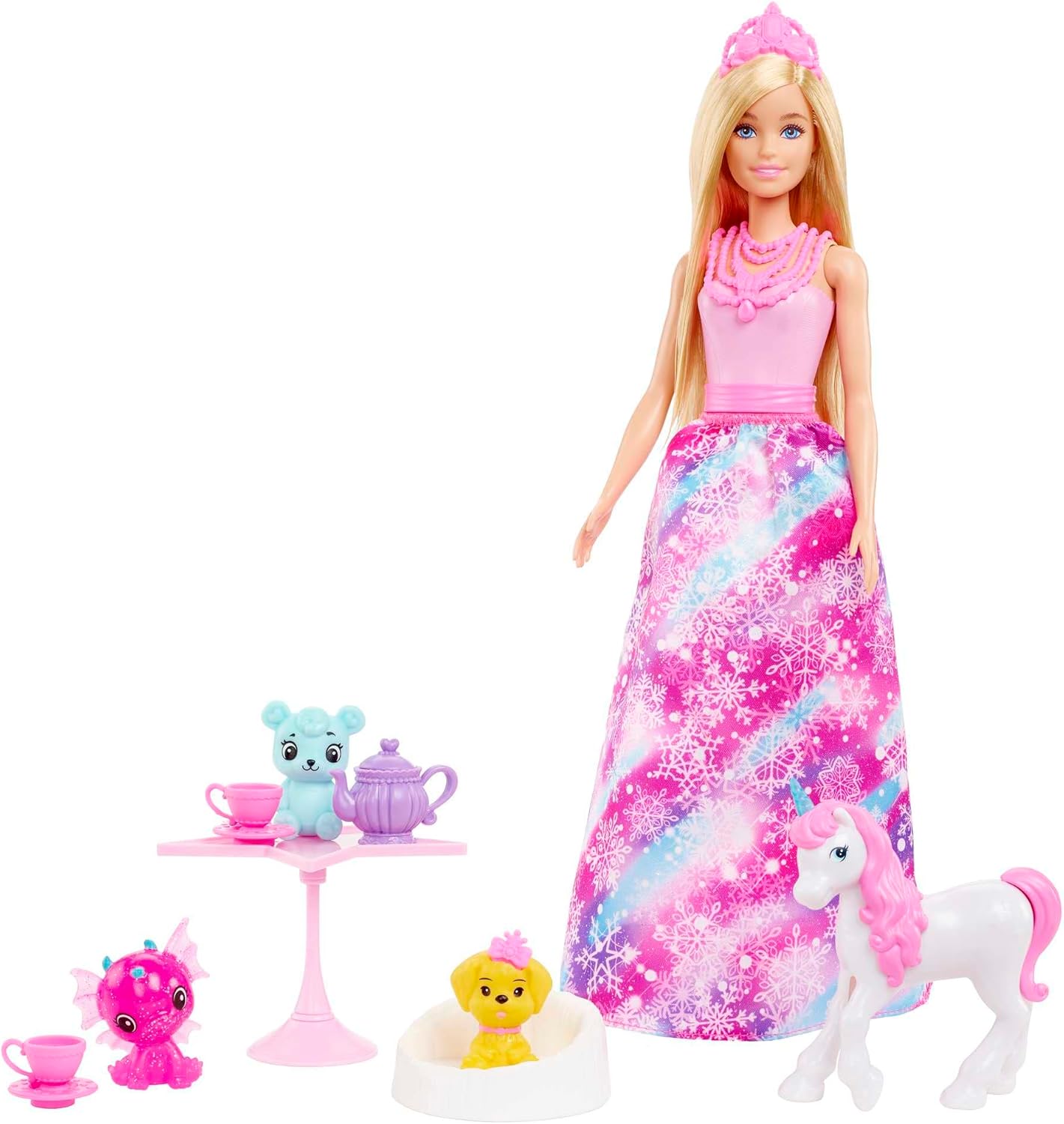 Barbie Boneca Dreamtopia e calendário do advento com 24 surpresas como acessórios de contos de fadas, roupas de sereia e fada e animais de estimação unicórnio e dragão, HVK26