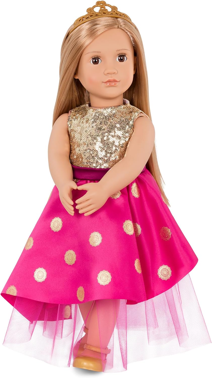 Muñeca Sarah Girl de Our Generation – Muñeca de moda con temática de princesa de 18 pulgadas con tiara y vestido brillante – Incluye juego de ropa de 4 piezas