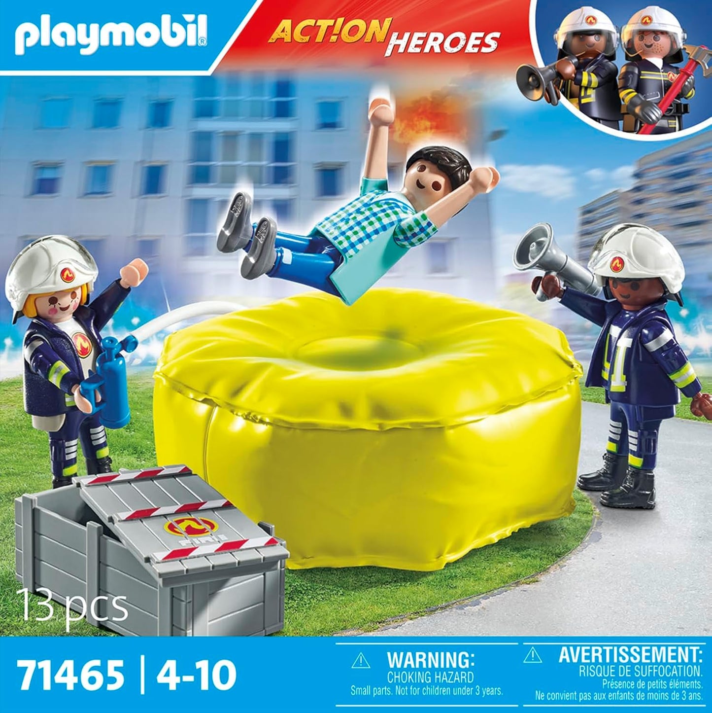 Playmobil 71465 Action Heroes: Bombeiros com almofada de ar, com capacetes, megafone e extintor de incêndio, encenação divertida e imaginativa, conjuntos de jogos detalhados adequados para crianças a partir de 4 anos