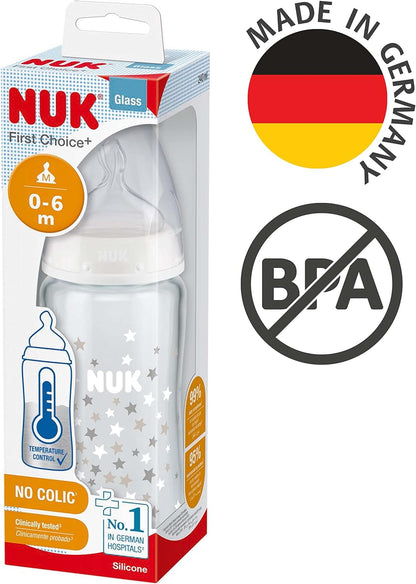 NUK Mamadeira de vidro First Choice+ | 0-6 meses | Controle de temperatura | bico de silicone | Válvula anticólica 240ml