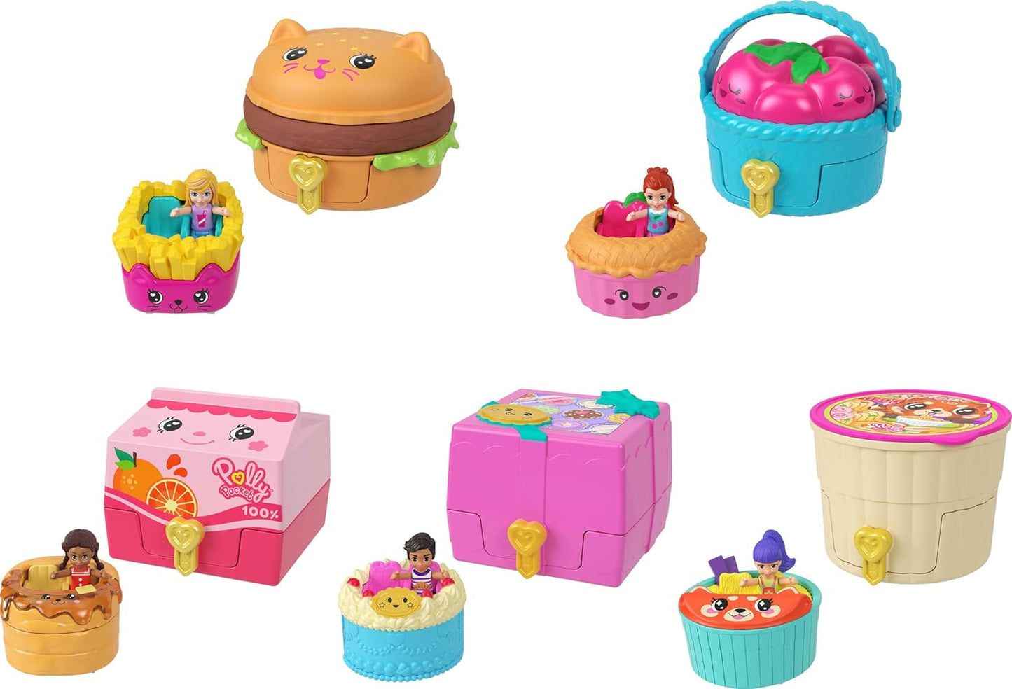 Polly Pocket Micro Dolls e compactos com carros de brinquedo, coleção de veículos com tema alimentar, variedade de revelação de pequenas retiradas com surpresas, JCR44