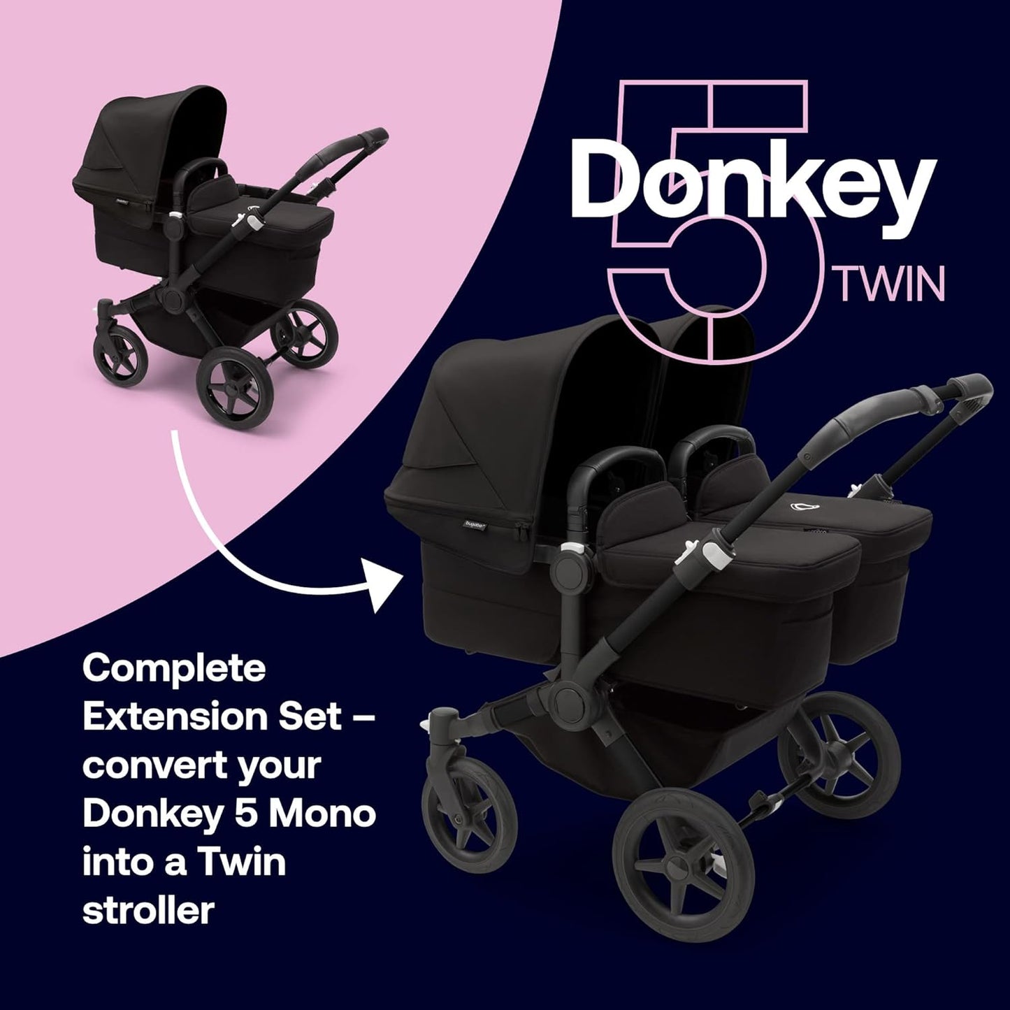 Conjunto de extensão Twin Bugaboo Donkey 5, converte seu Donkey 5 Mono em um carrinho duplo, lado a lado, design aprimorado, assento reversível e direção com uma mão, preto meia-noite