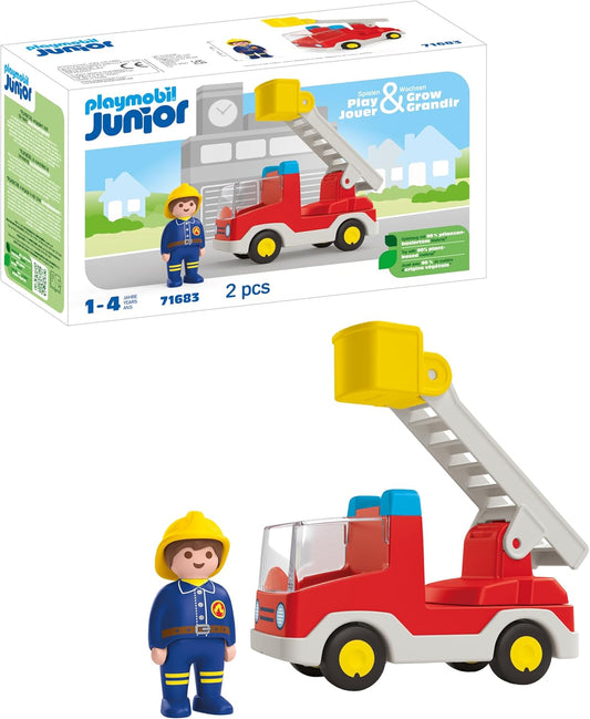 PLAYMOBIL 71683 JUNIOR: Carro de bombeiros com escada, com escada extensível e bombeiro, brinquedo sustentável feito de plástico de origem vegetal