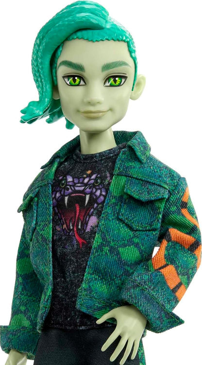 Monster High Boneca posável Deuce Gorgon, animal de estimação e acessórios, jaqueta jeans de cobra, óculos de sol coloridos, brinquedos infantis, conjunto de presente