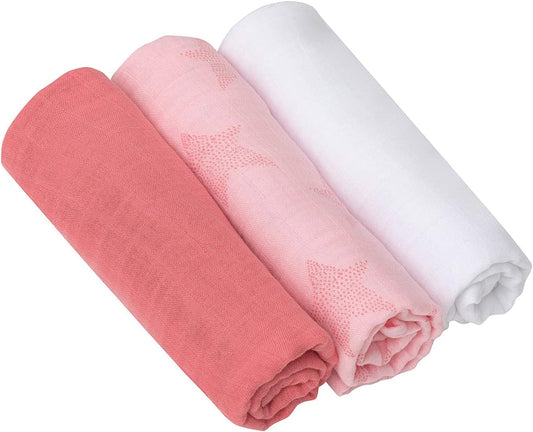 ClevaMama Juego de Muselina - Tela de Bambú y Algodón Súper Suave - 70x70 cm, Rosa (Pack de 3)