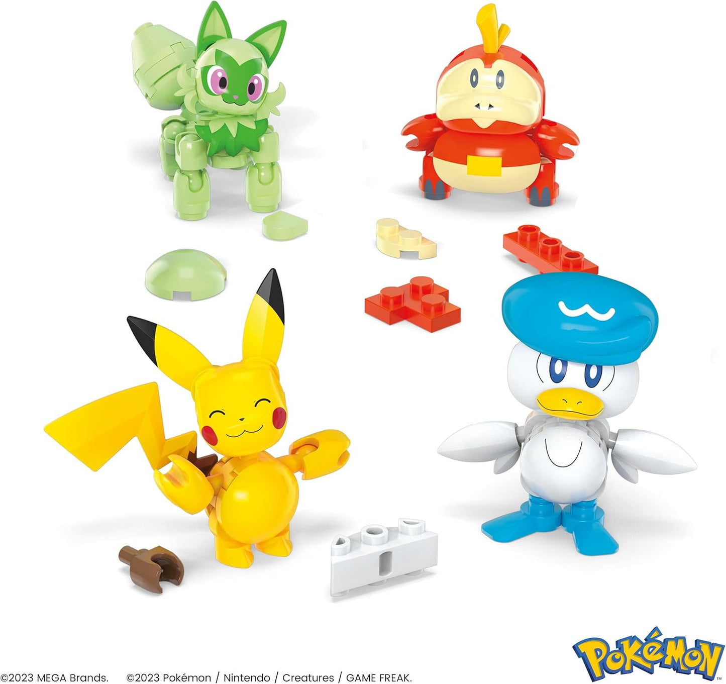 MEGA Brinquedos de construção de bonecos de ação Pokémon para crianças, equipe da região de Paldea com 79 peças, Pikachu Fuecoco Sprigatito e Quaxly, e 1 Pokébola, HPX92