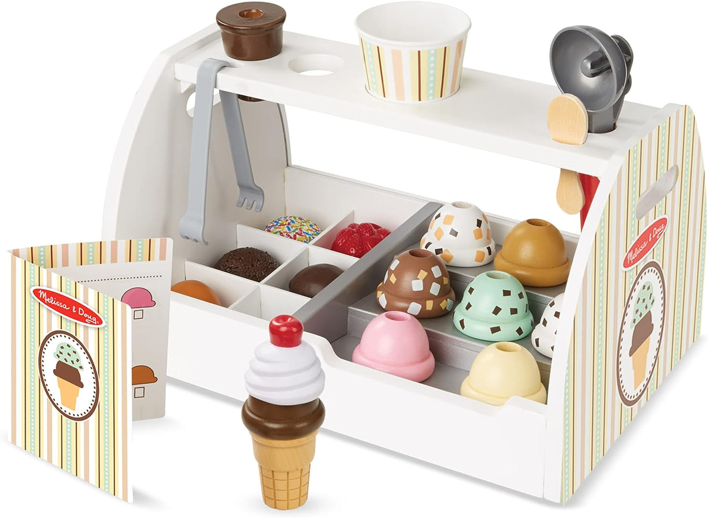 Melissa & Doug Colheres legais de madeira para brincar de sorvete, brinquedo de cozinha, brinquedo de sorvete para meninas e meninos, brinquedo montessori de fingir comida de 3 anos, presente para menino ou menina de 3 anos