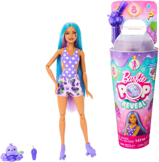 Barbie Boneca Pop Reveal Fruit Series, tema Grape Fizz com 8 surpresas, incluindo animais de estimação e acessórios, lodo, perfume e mudança de cor, HNW44