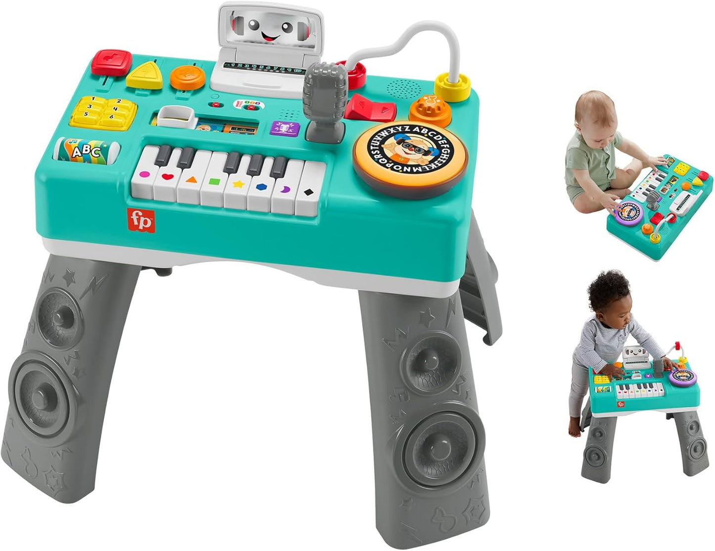 Fisher-Price Mesa de actividades para bebés y niños pequeños, mesa de DJ para reír y aprender, mezclar y aprender, juguete musical de aprendizaje con luces y sonidos, versión en inglés del Reino Unido,