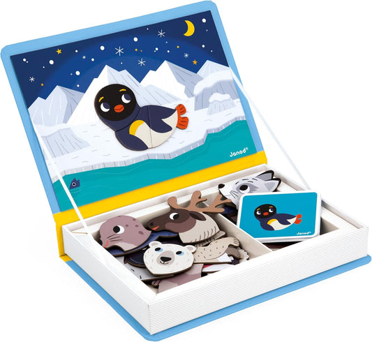 Janod - Magnéti'Book Arctic Animals - Jogo educativo de 30 ímãs com 10 cartas modelo - Brinquedo infantil de papelão FSC - Desenvolve habilidades motoras finas e imaginação - 3 anos +