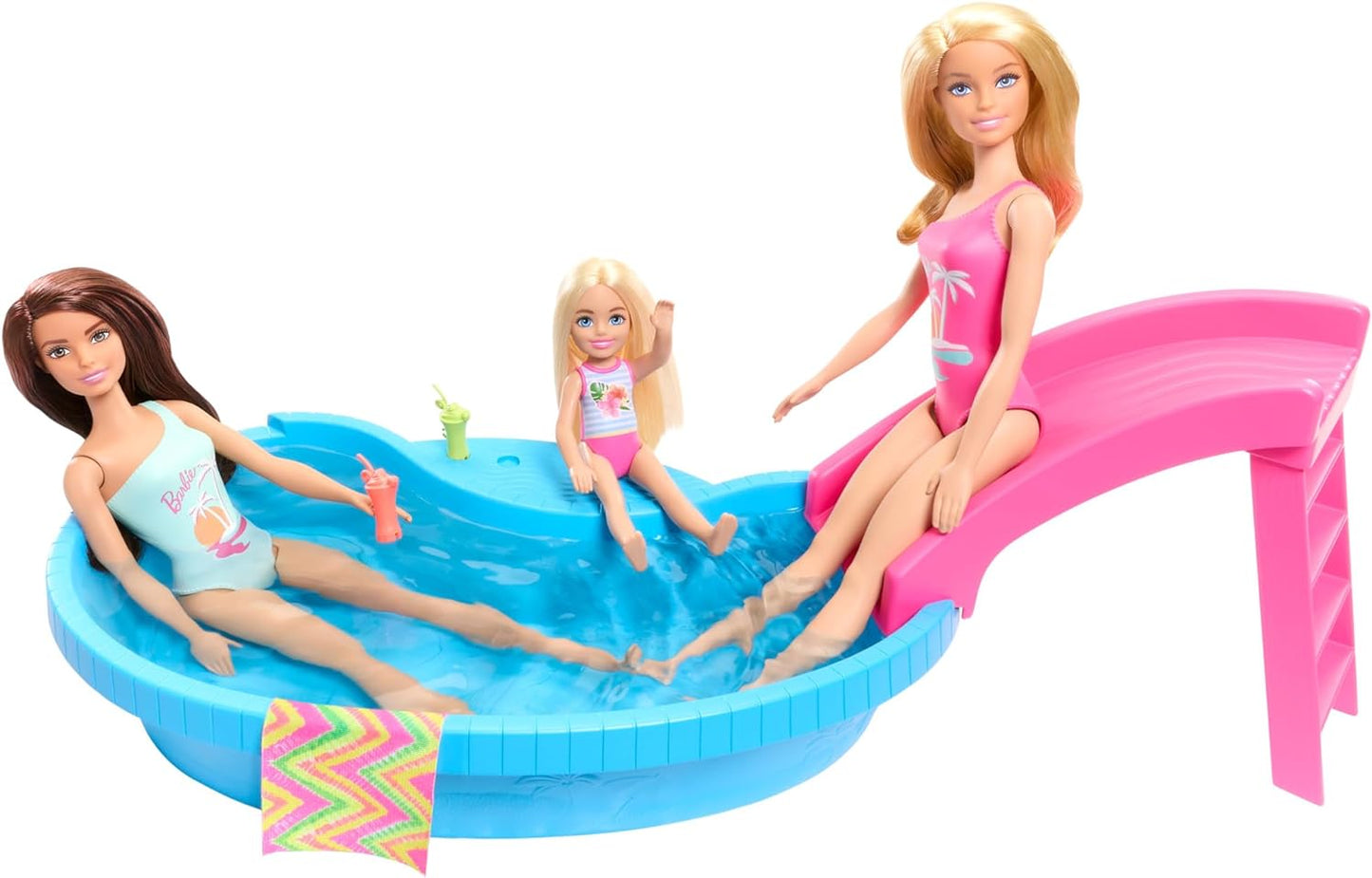 Conjunto de piscina y muñeca Barbie, rubia en traje de baño de una pieza rosa tropical con piscina, tobogán, toalla y accesorios para bebidas, HRJ74