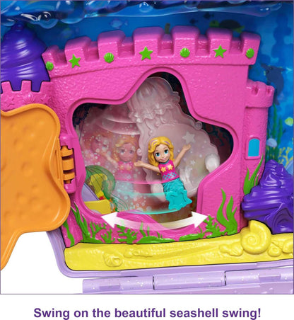 Polly Pocket Pollyville, Playset Resort Roll Away com Rodas Rolantes, 5 Áreas de Recreação e Micro, Playset Tiny Power Seashell Purse, Bolsa Purple Shell, Tema Sereia